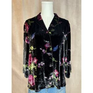 Vtg NEXX Black Floral Velvet Blouse L Y2K Rayon Silk Button Top